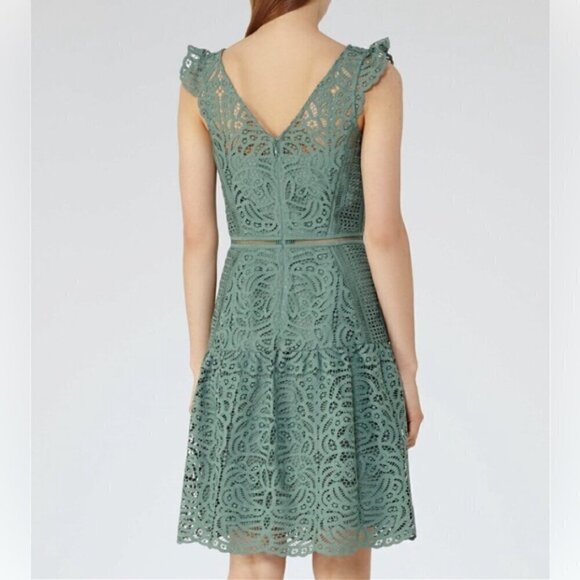 Reiss Herrera Cap Sleeve Lace Dress green fit and flare knee length ruffle 0 - Picture 2 of 16
